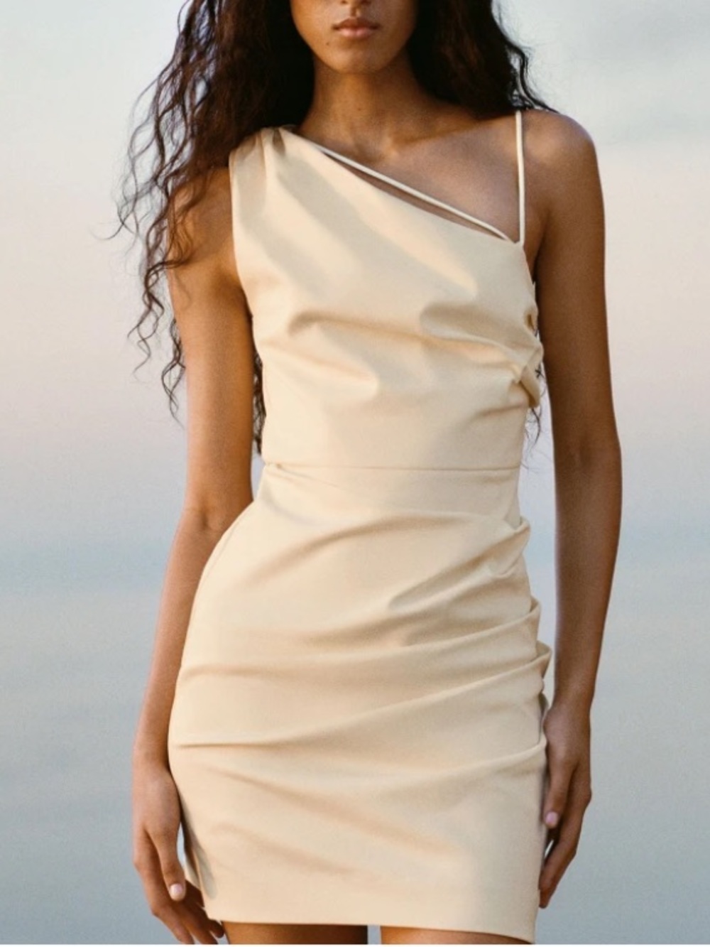 Shona Joy One-Shoulder Cream Asymmetric Mini Dress US6